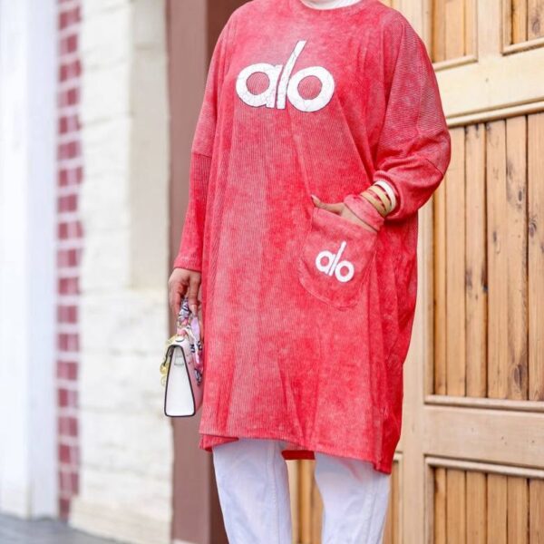Oversized Coral Red Ribbed Tunic Sweatshirt