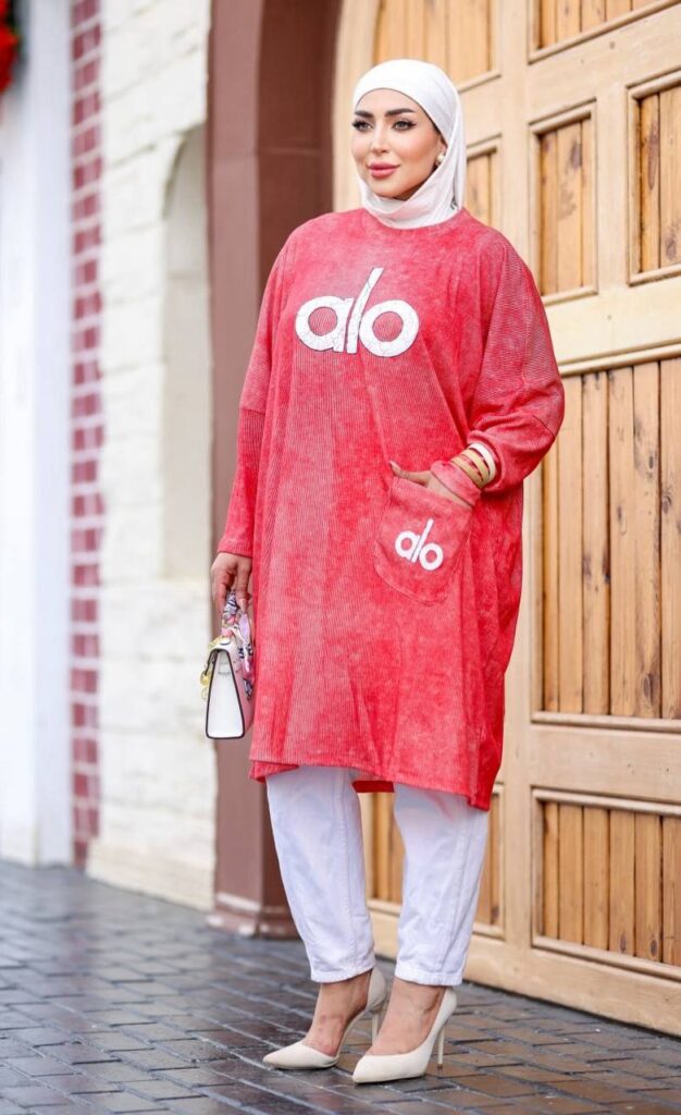 Oversized Coral Red Ribbed Tunic Sweatshirt
