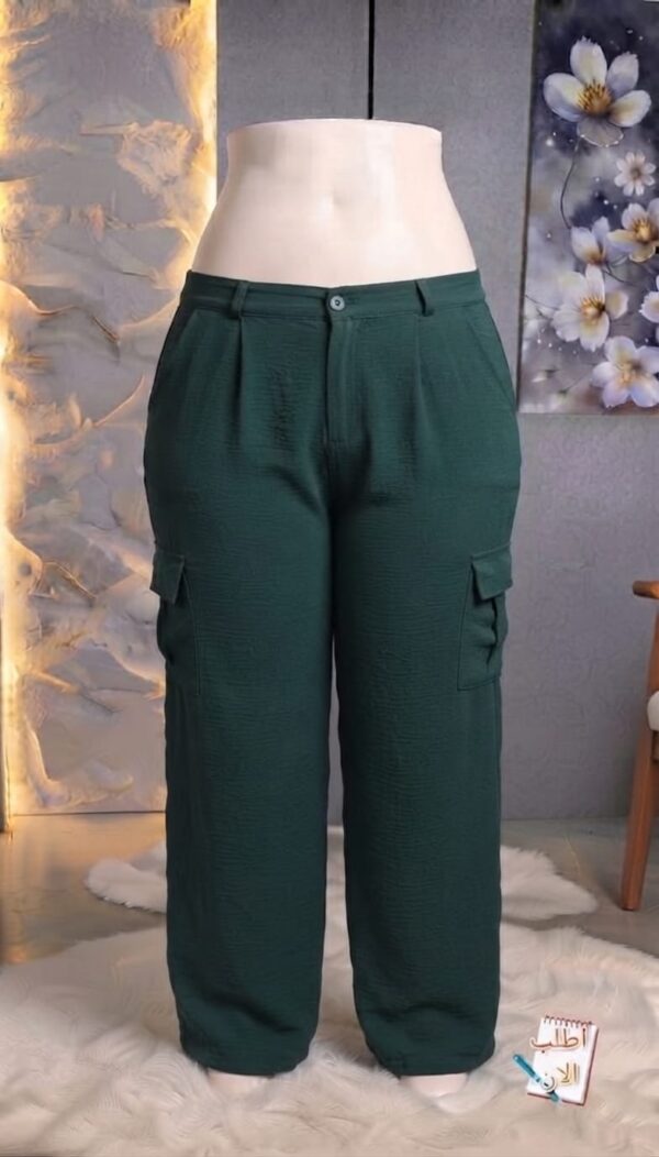 Dark Green Textured Crinkle Cargo Wide-Leg Pants