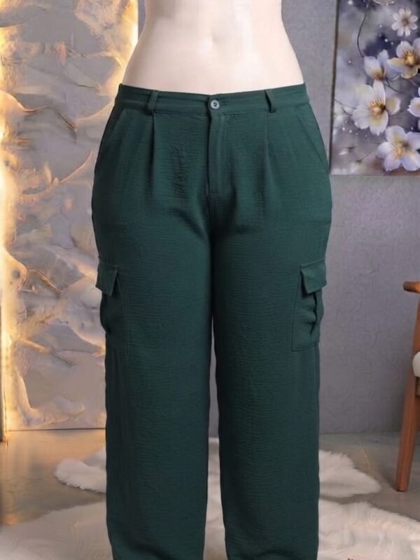 Dark Green Textured Crinkle Cargo Wide-Leg Pants