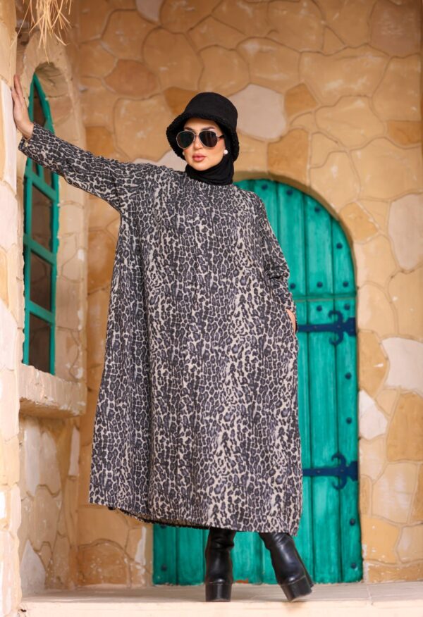 Muted Charcoal Leopard Print Winter Maxi Dress with Side Pockets