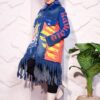 Bold Graffiti Graphic Denim Long Coat with Blue Faux Fur Collar and Fringe Hem