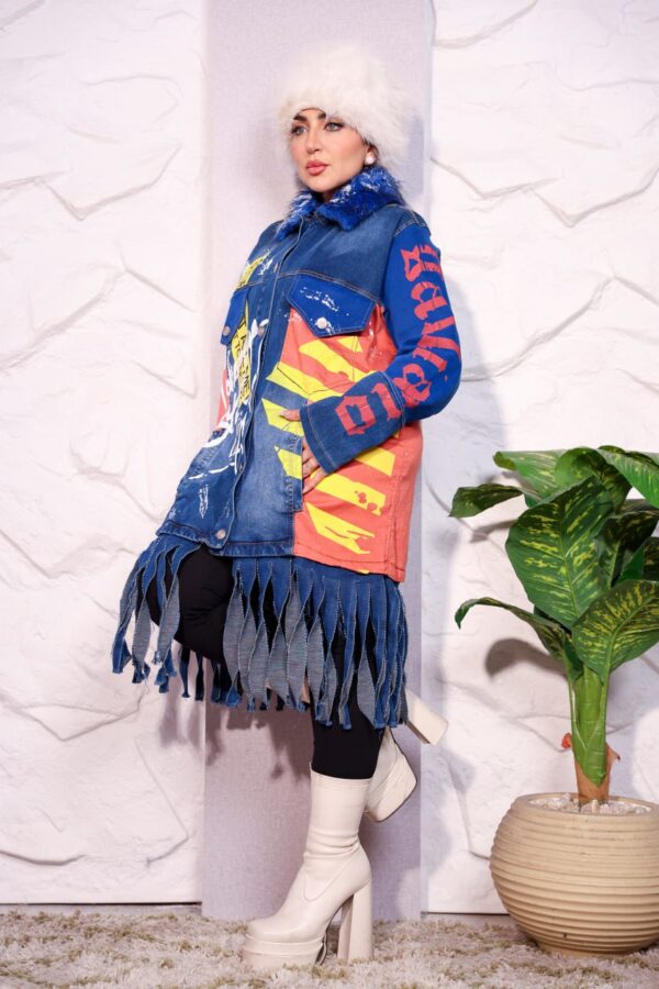 Bold Graffiti Graphic Denim Long Coat with Blue Faux Fur Collar and Fringe Hem
