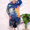 Bold Graffiti Graphic Denim Long Coat with Blue Faux Fur Collar and Fringe Hem