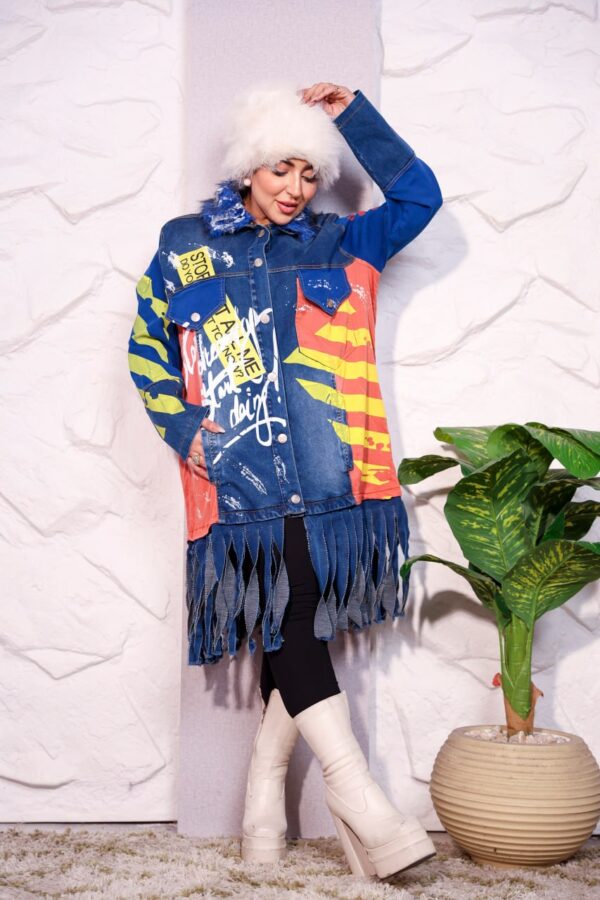Bold Graffiti Graphic Denim Long Coat with Blue Faux Fur Collar and Fringe Hem