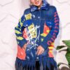 Bold Graffiti Graphic Denim Long Coat with Blue Faux Fur Collar and Fringe Hem