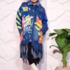 Bold Graffiti Graphic Denim Long Coat with Blue Faux Fur Collar and Fringe Hem