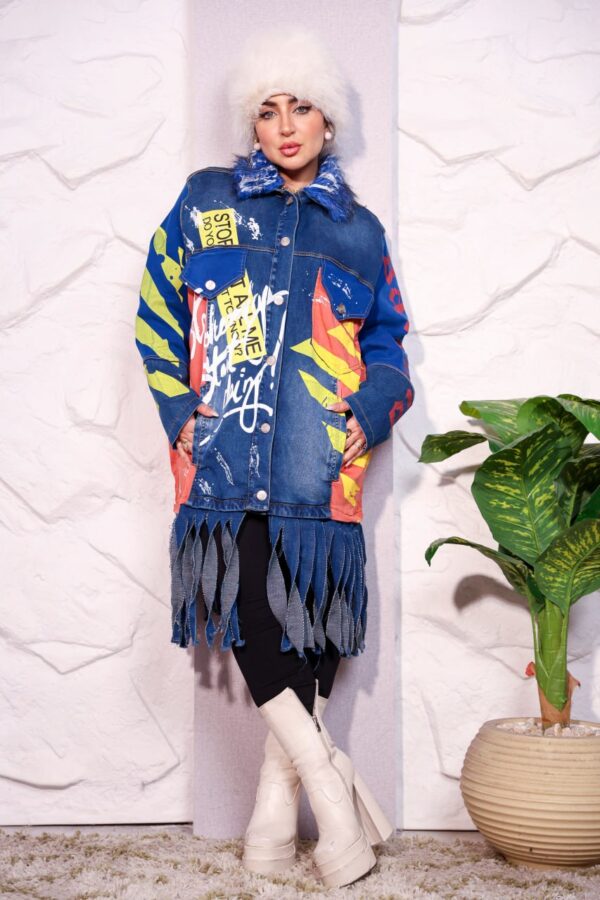 Bold Graffiti Graphic Denim Long Coat with Blue Faux Fur Collar and Fringe Hem