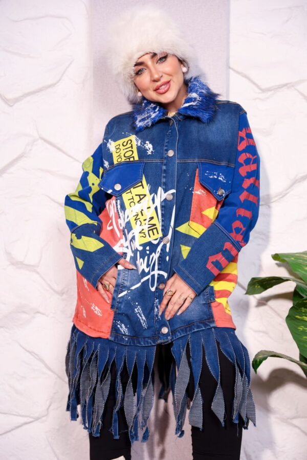 Bold Graffiti Graphic Denim Long Coat with Blue Faux Fur Collar and Fringe Hem