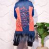 Bold Graffiti Graphic Denim Long Coat with Blue Faux Fur Collar and Fringe Hem