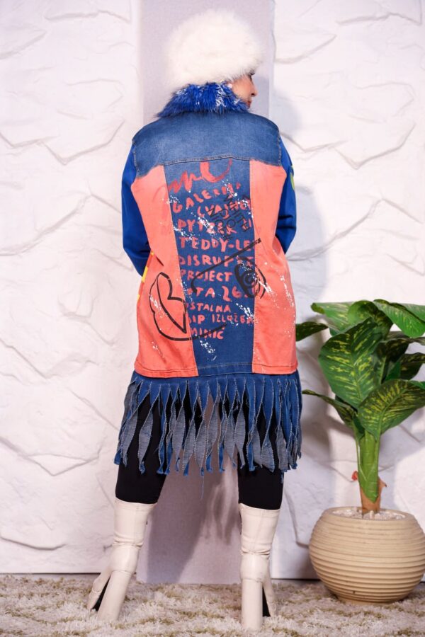 Bold Graffiti Graphic Denim Long Coat with Blue Faux Fur Collar and Fringe Hem