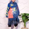Bold Graffiti Graphic Denim Long Coat with Blue Faux Fur Collar and Fringe Hem