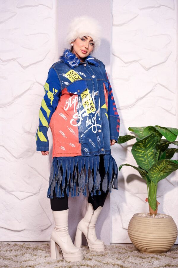 Bold Graffiti Graphic Denim Long Coat with Blue Faux Fur Collar and Fringe Hem