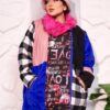 Bold Color-Blocked Mixed-Media Winter Coat with Fuchsia Faux Fur Collar and Plaid Accent