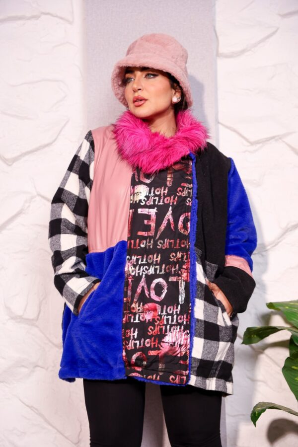 Bold Color-Blocked Mixed-Media Winter Coat with Fuchsia Faux Fur Collar and Plaid Accent