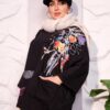 Black Oversized Floral Art Print Winter Sweatshirt Tunic with Pocket and Fuchsia Accents