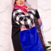 Bold Color-Blocked Mixed-Media Winter Coat with Fuchsia Faux Fur Collar and Plaid Accent