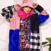 Bold Color-Blocked Mixed-Media Winter Coat with Fuchsia Faux Fur Collar and Plaid Accent