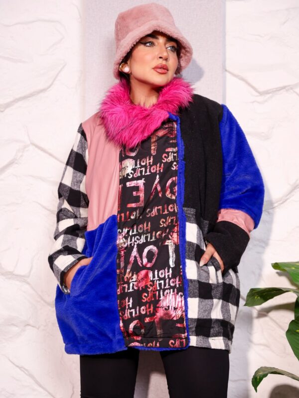Bold Color-Blocked Mixed-Media Winter Coat with Fuchsia Faux Fur Collar and Plaid Accent