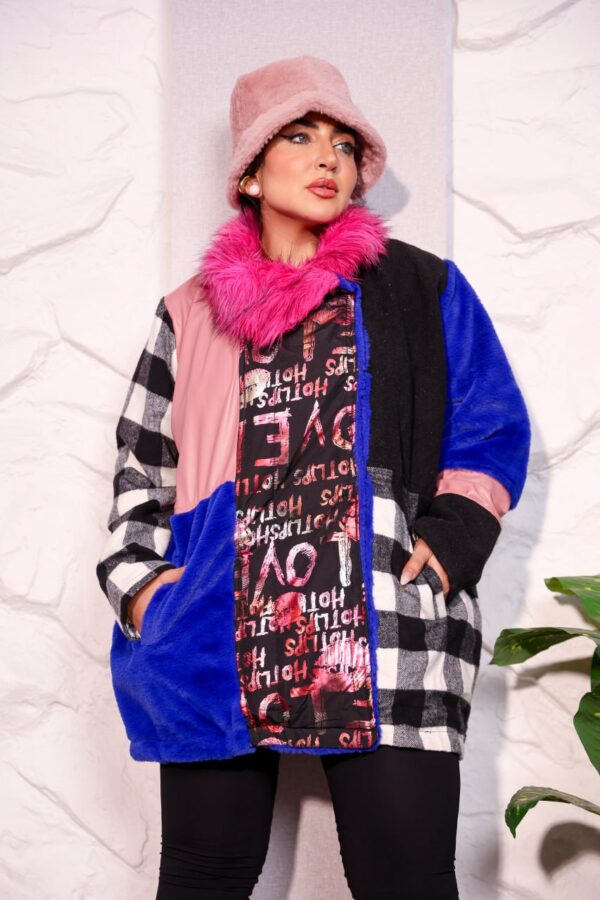 Bold Color-Blocked Mixed-Media Winter Coat with Fuchsia Faux Fur Collar and Plaid Accent