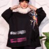 Black Oversized Floral Art Print Winter Sweatshirt Tunic with Pocket and Fuchsia Accents