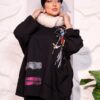 Black Oversized Floral Art Print Winter Sweatshirt Tunic with Pocket and Fuchsia Accents