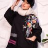 Black Oversized Floral Art Print Winter Sweatshirt Tunic with Pocket and Fuchsia Accents