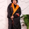 Black Longline Hooded Winter Parka Coat with Neon Orange Trim and Typography
