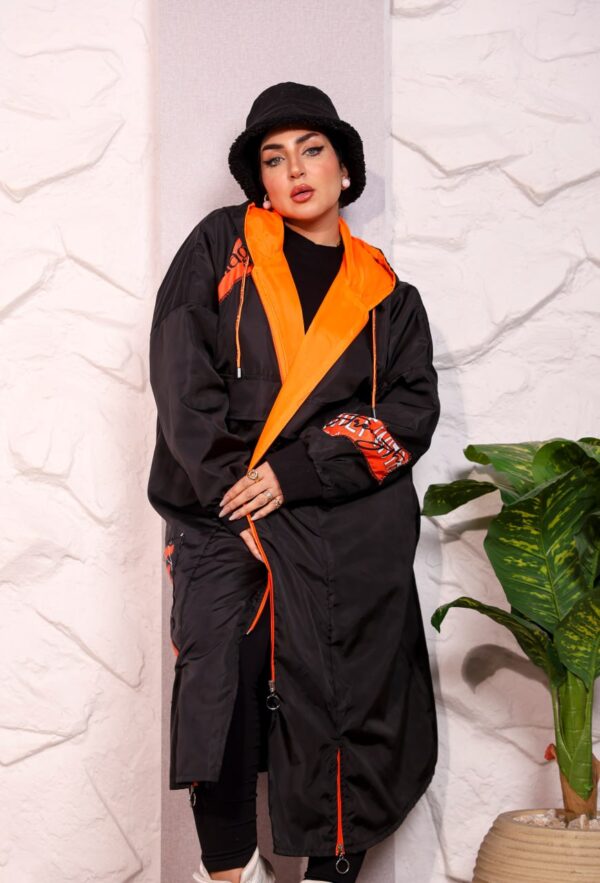 Black Longline Hooded Winter Parka Coat with Neon Orange Trim and Typography