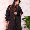 Black Longline Hooded Winter Parka Coat with Neon Orange Trim and Typography