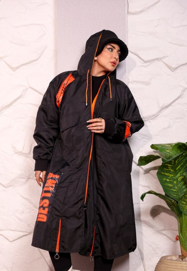 Black Longline Hooded Winter Parka Coat with Neon Orange Trim and Typography