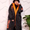 Black Longline Hooded Winter Parka Coat with Neon Orange Trim and Typography