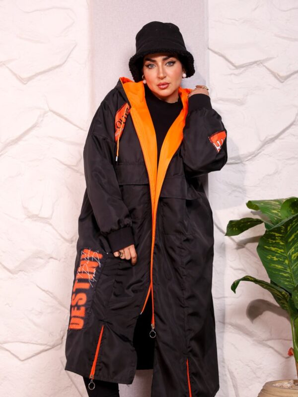 Black Longline Hooded Winter Parka Coat with Neon Orange Trim and Typography