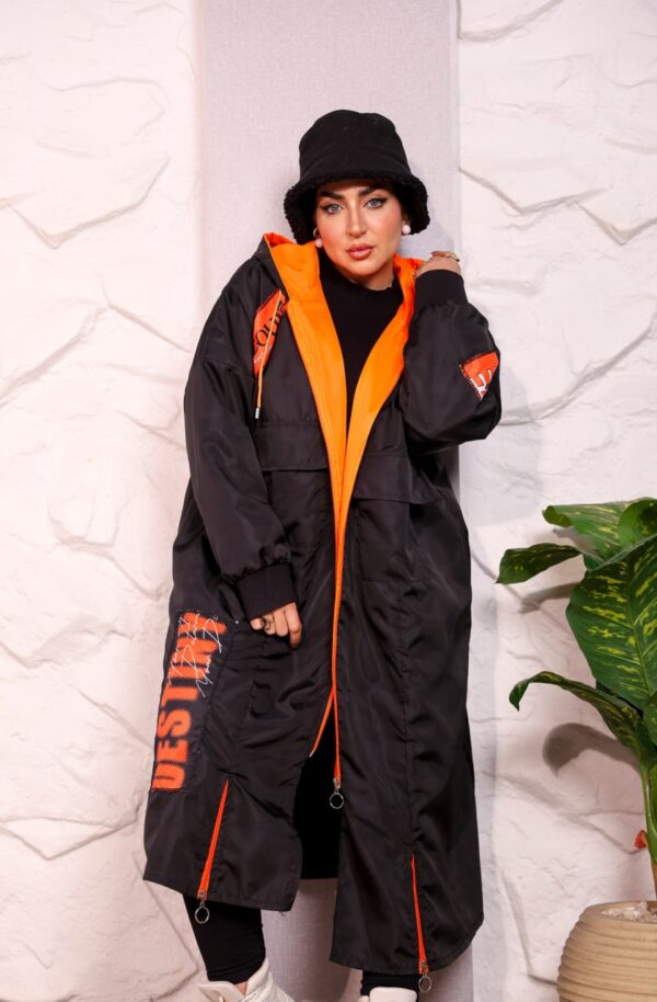 Black Longline Hooded Winter Parka Coat with Neon Orange Trim and Typography