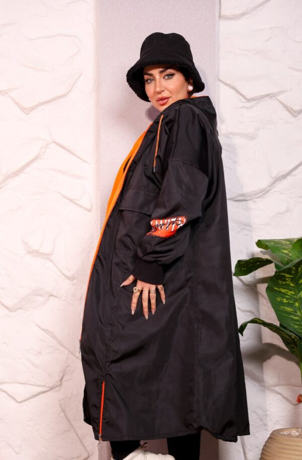 Black Longline Hooded Winter Parka Coat with Neon Orange Trim and Typography