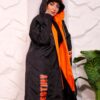 Black Longline Hooded Winter Parka Coat with Neon Orange Trim and Typography
