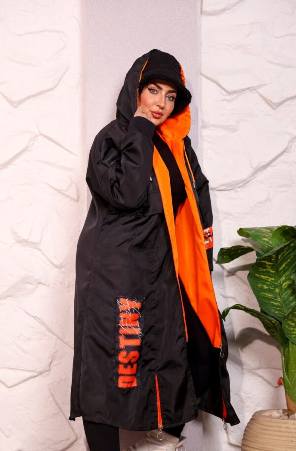 Black Longline Hooded Winter Parka Coat with Neon Orange Trim and Typography