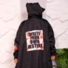 Black Longline Hooded Winter Parka Coat with Neon Orange Trim and Typography