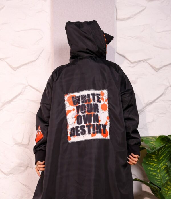 Black Longline Hooded Winter Parka Coat with Neon Orange Trim and Typography