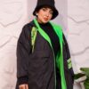 Black Longline Hooded Winter Parka Coat with Neon Green Piping and Typography