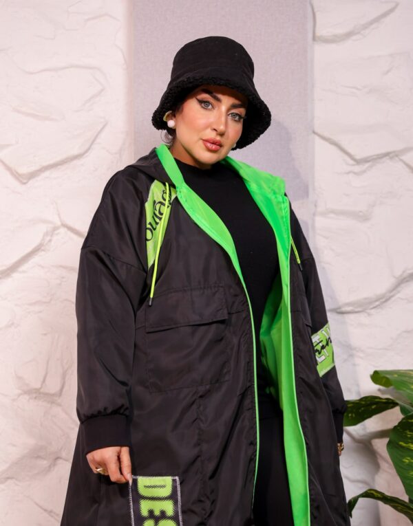 Black Longline Hooded Winter Parka Coat with Neon Green Piping and Typography