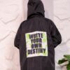 Black Longline Hooded Winter Parka Coat with Neon Green Piping and Typography