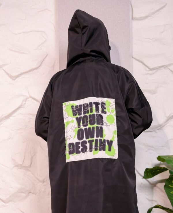 Black Longline Hooded Winter Parka Coat with Neon Green Piping and Typography