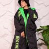 Black Longline Hooded Winter Parka Coat with Neon Green Piping and Typography