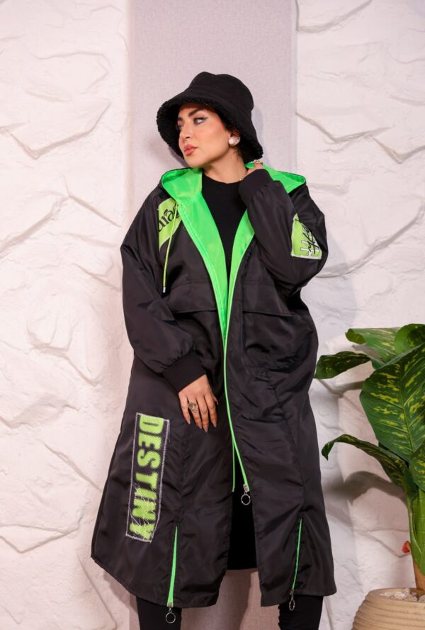 Black Longline Hooded Winter Parka Coat with Neon Green Piping and Typography