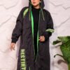 Black Longline Hooded Winter Parka Coat with Neon Green Piping and Typography