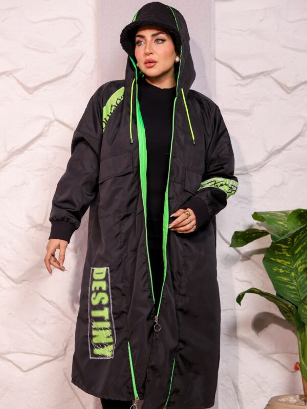 Black Longline Hooded Winter Parka Coat with Neon Green Piping and Typography