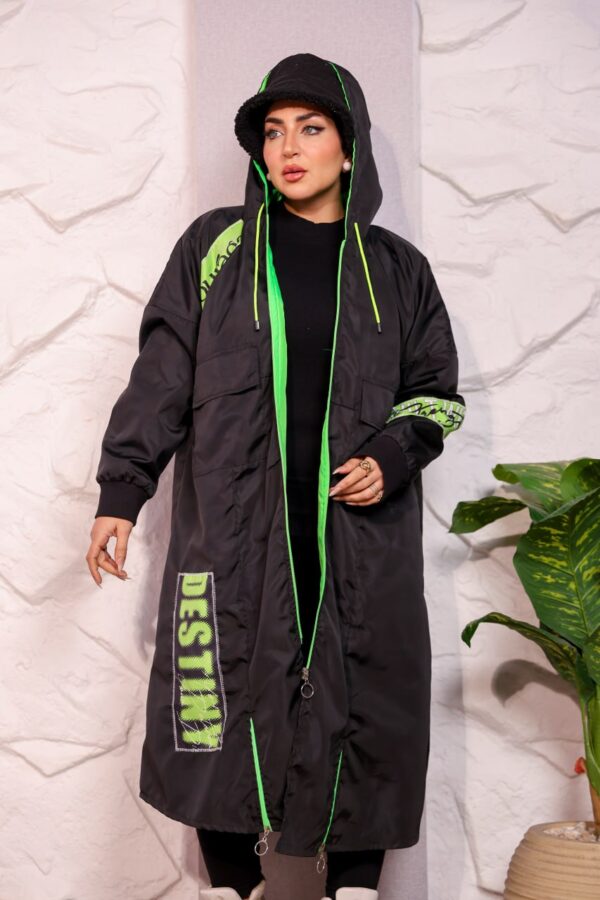 Black Longline Hooded Winter Parka Coat with Neon Green Piping and Typography