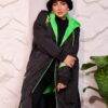 Black Longline Hooded Winter Parka Coat with Neon Green Piping and Typography