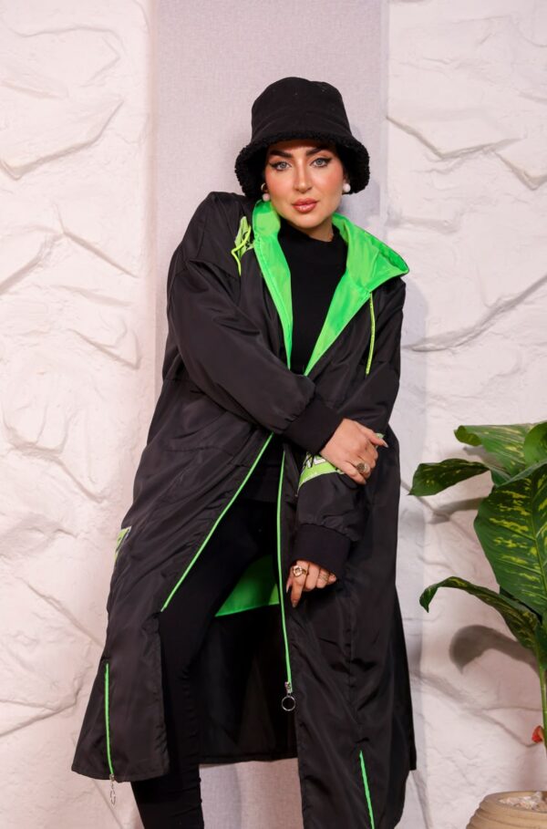 Black Longline Hooded Winter Parka Coat with Neon Green Piping and Typography